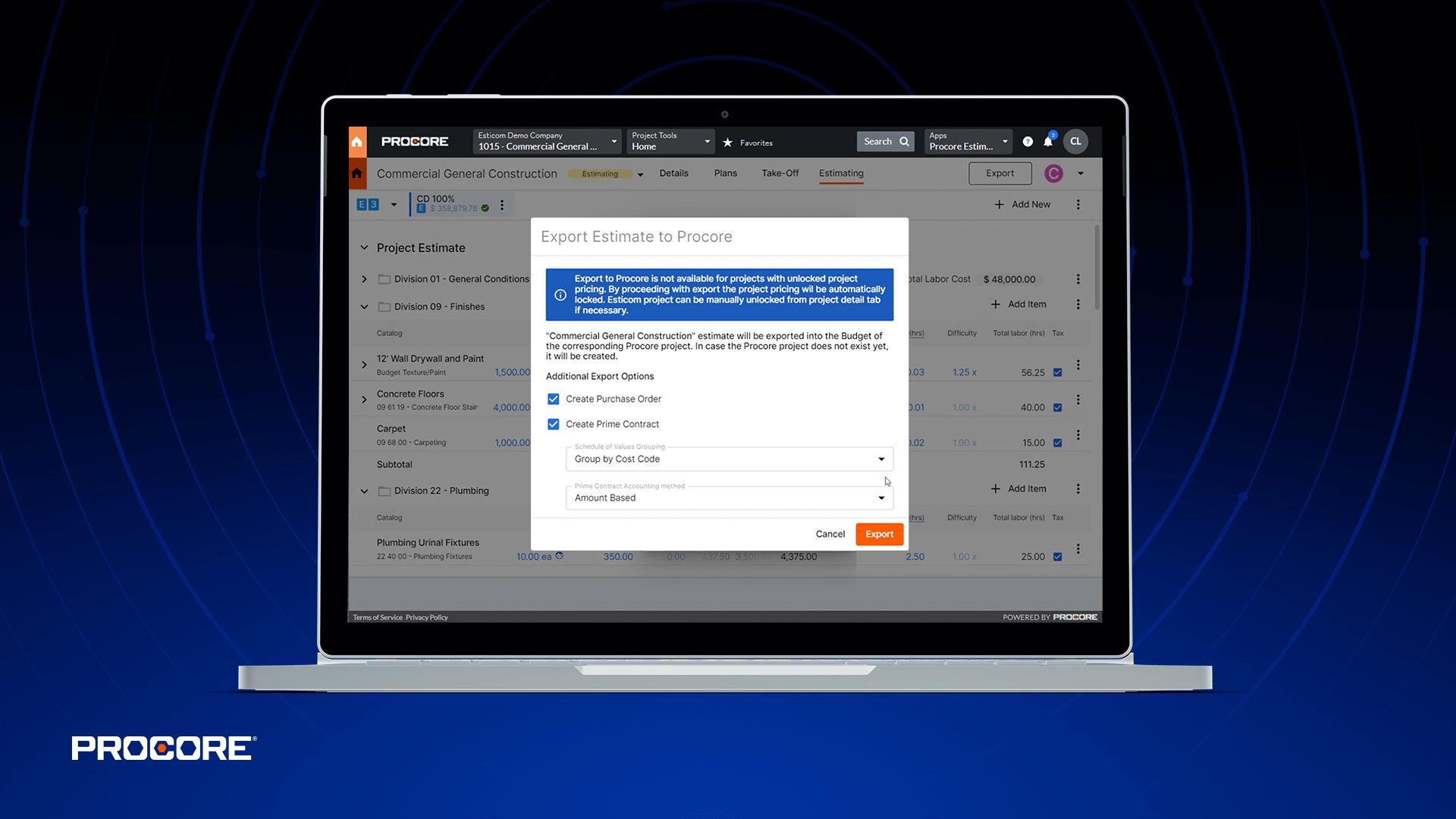 Procore estimating screen on a laptop