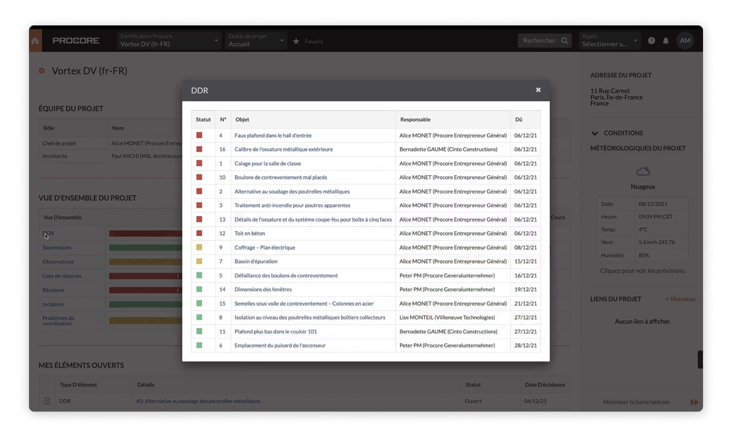 Paris Vortex Business Center project's RFIs on Procore