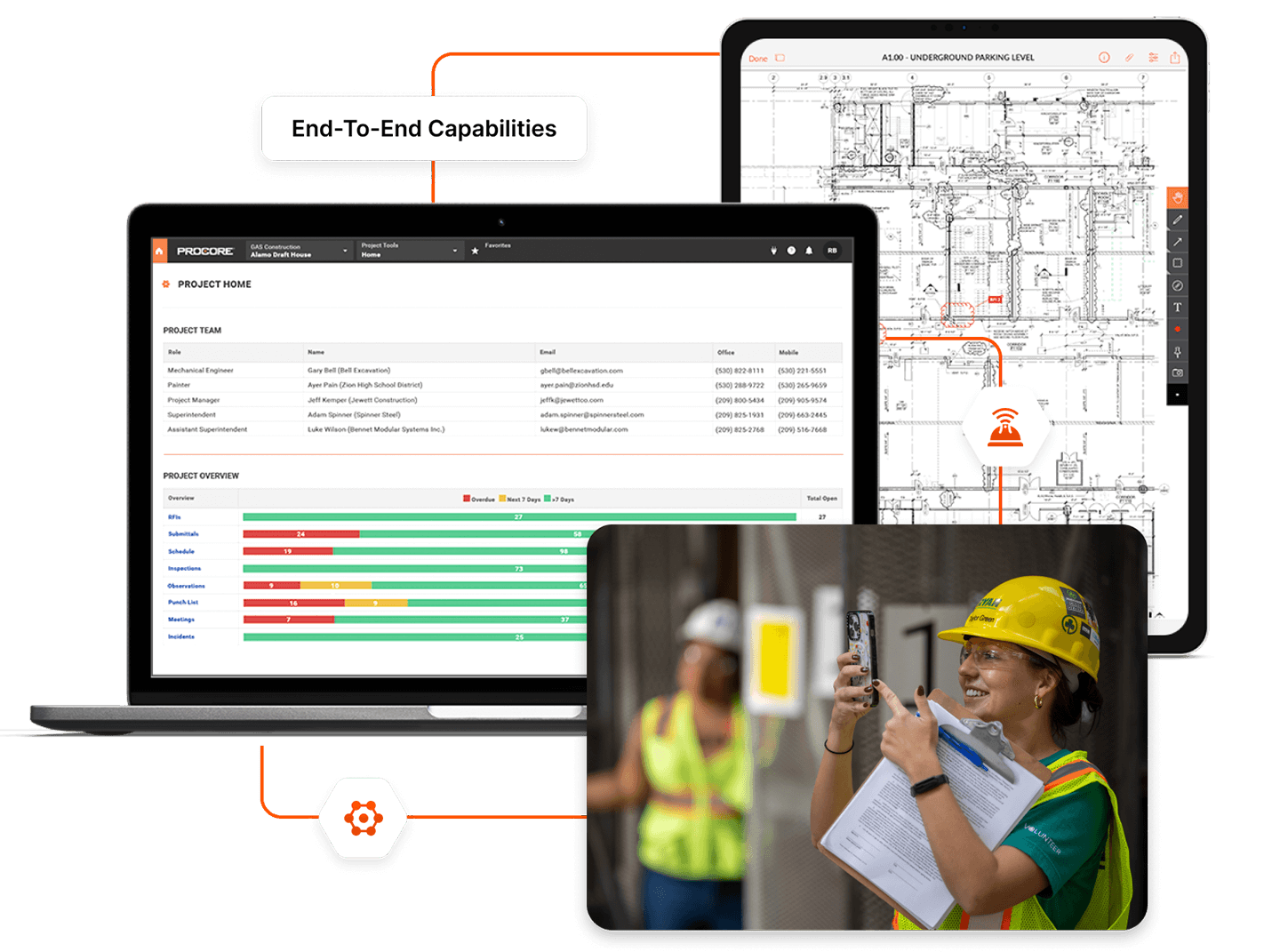 A laptop, phone and a construction worker connected through end to end capabilities