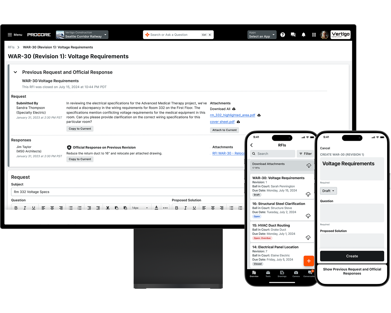 Procore's RFI tool UI on a desktop and phone
