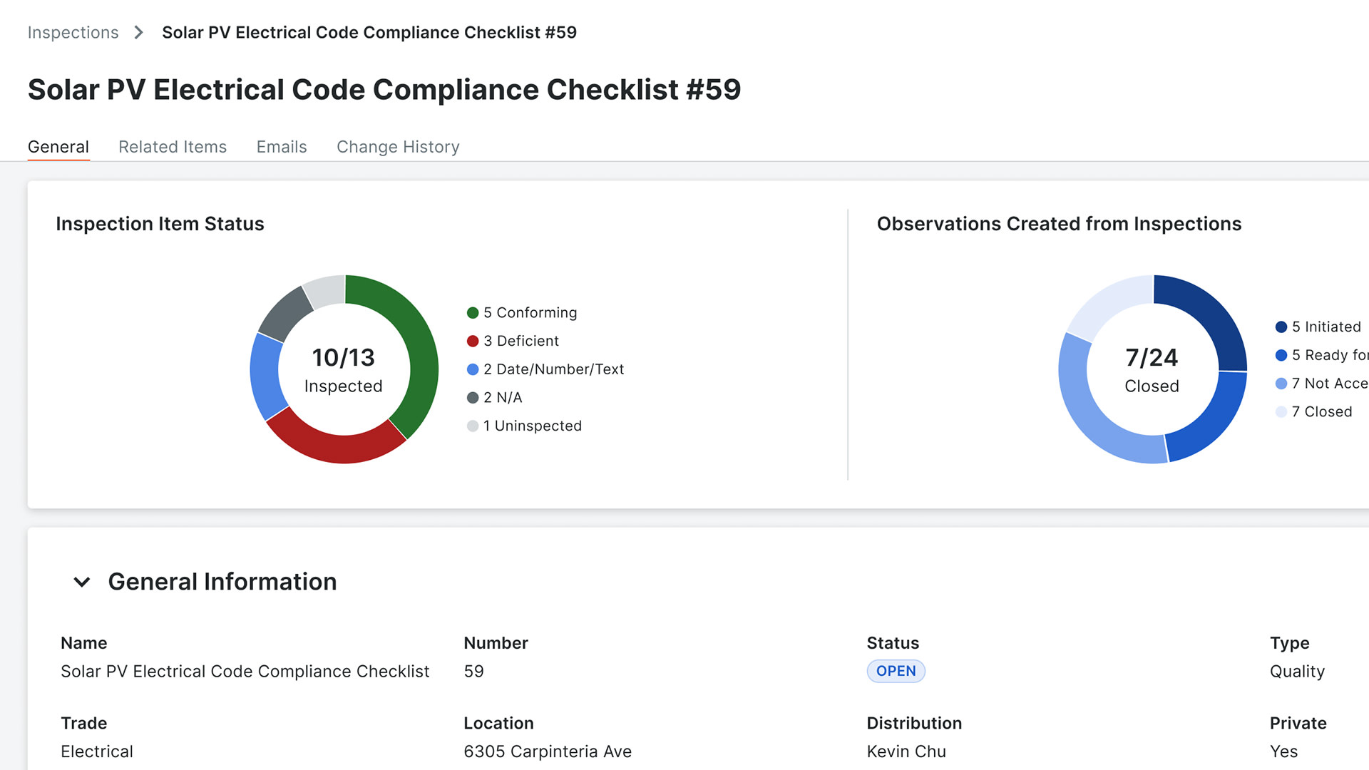 "Inspections" product screen capture