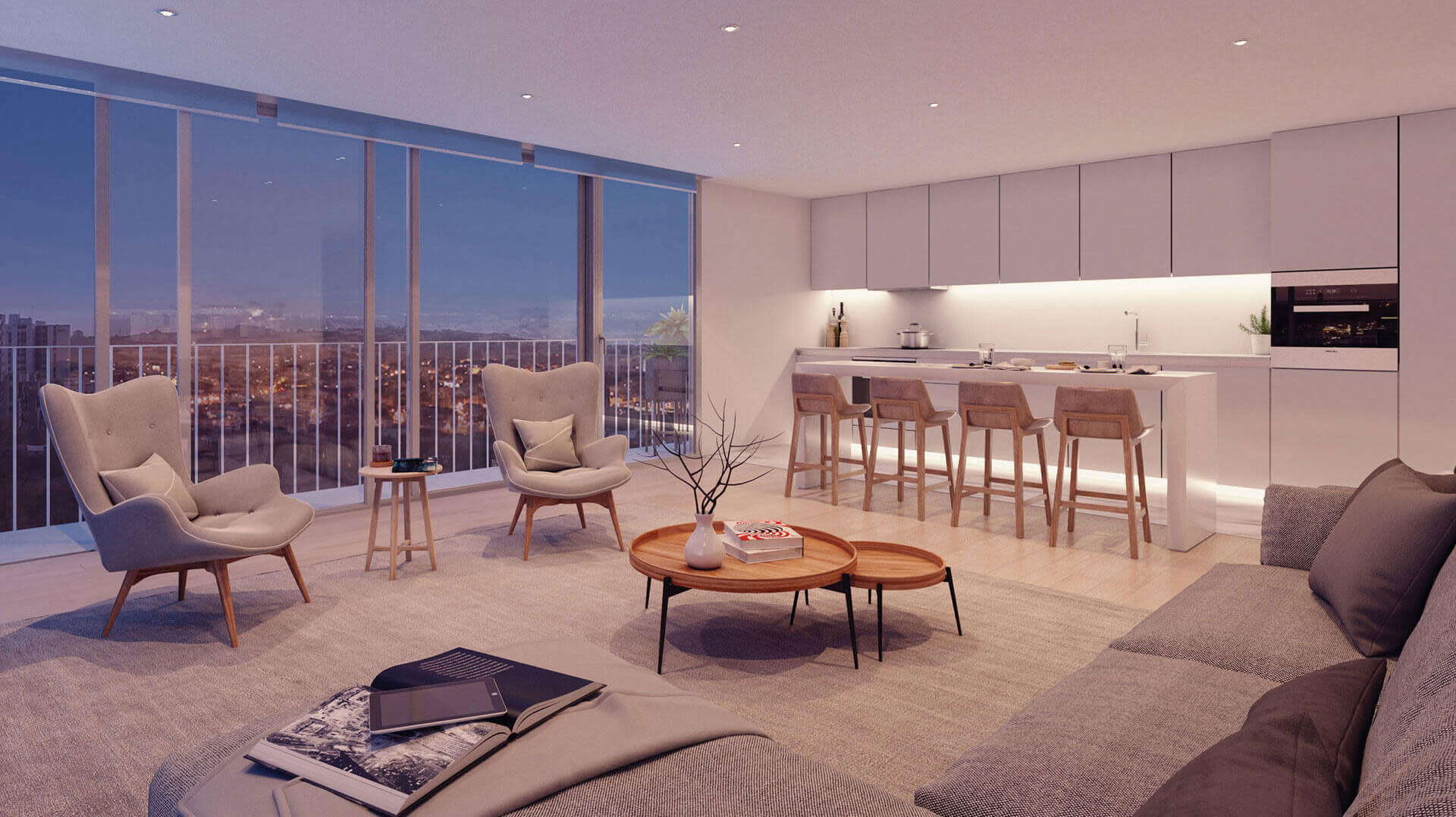 Kitchen and living room of a Duo Building Telheiras' apartment