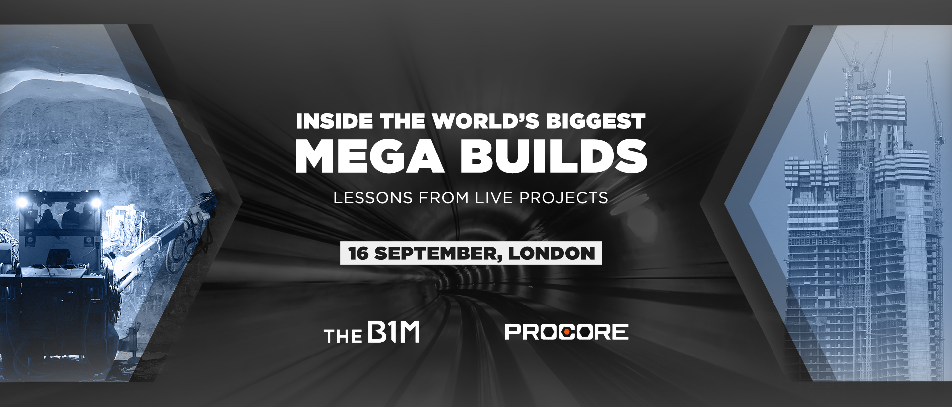 Event poster for mega builds conference in London on September 16 featuring construction and architecture imagery.