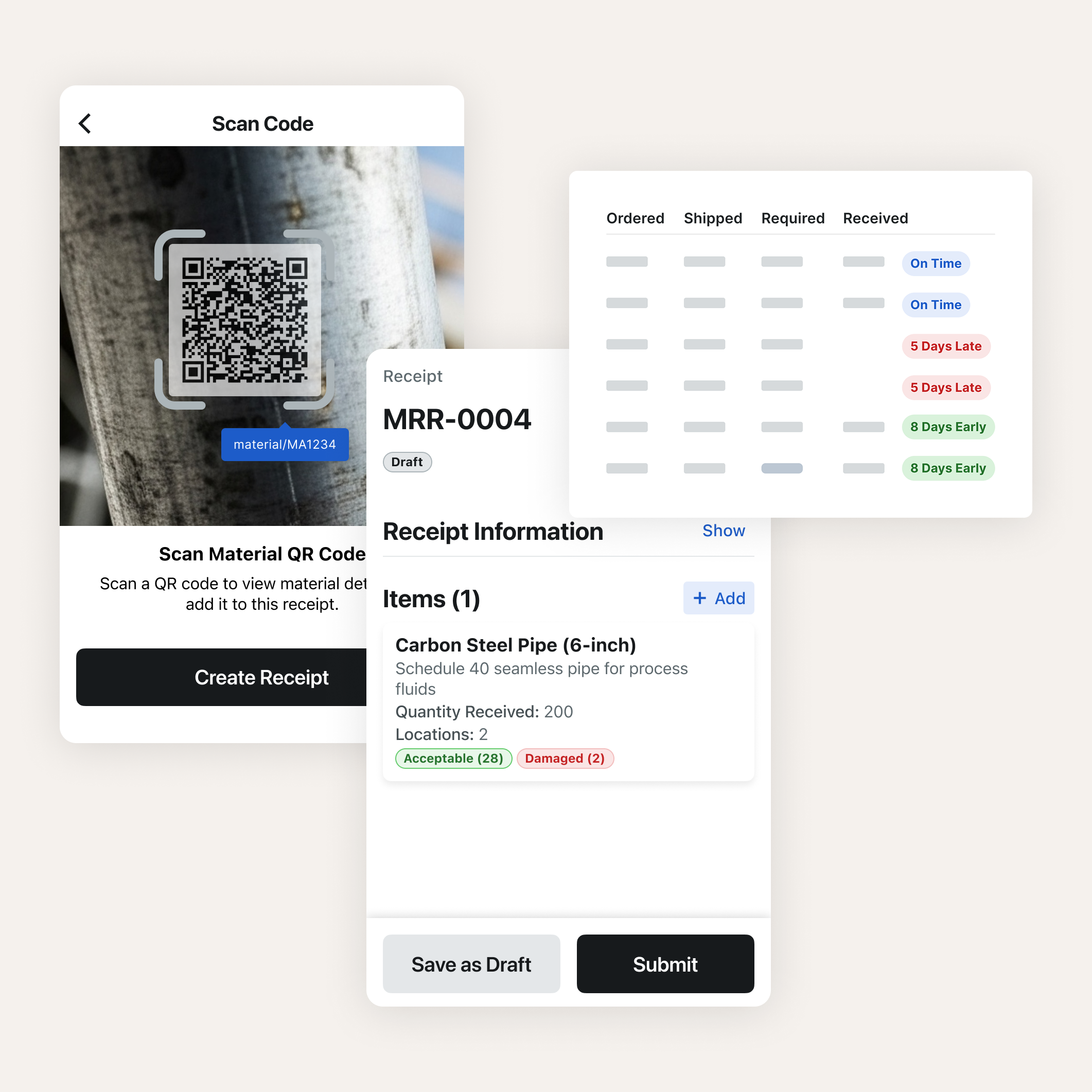 QR code scanner interface for material receipt tracking and inventory management