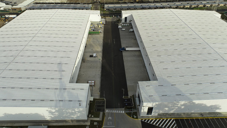 A aerial view of a warehouse