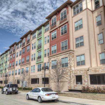 Low angle view of an apartment building complex