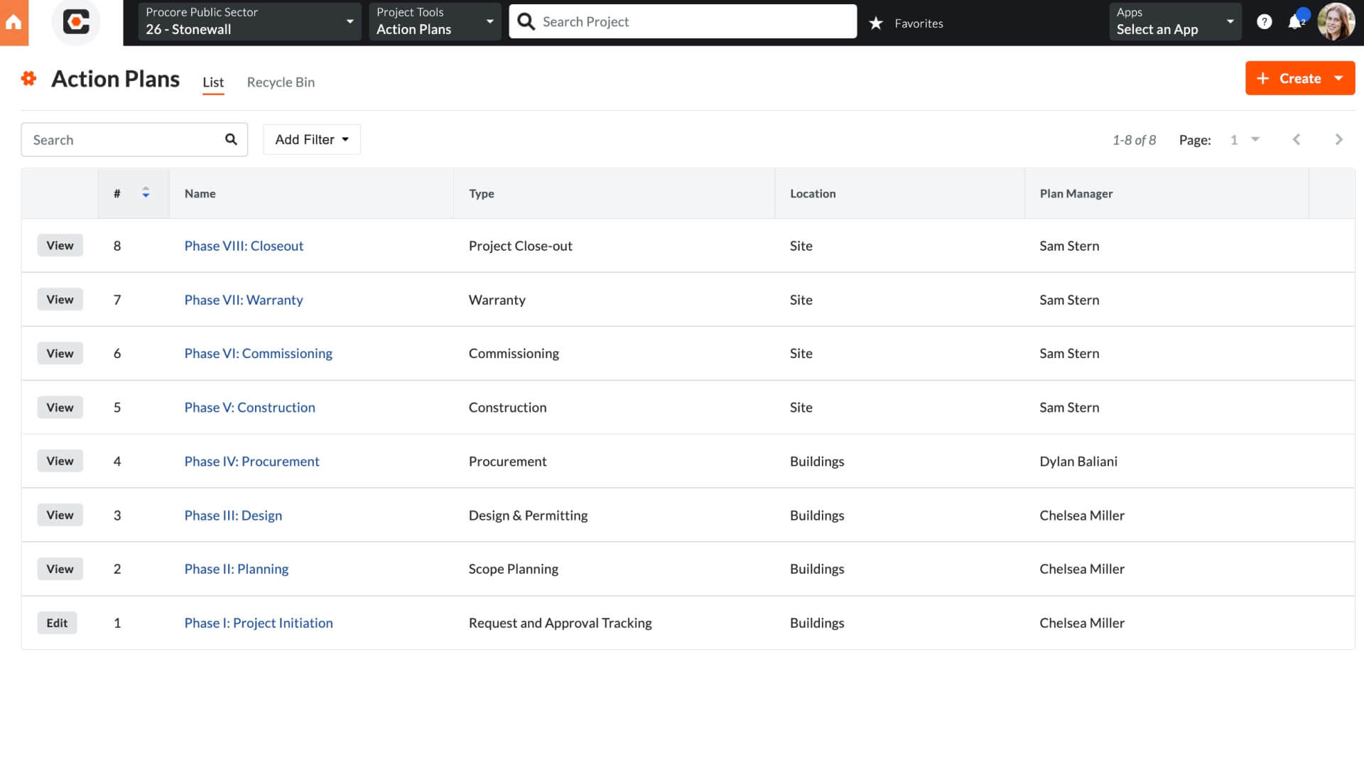 screen capture of action plan's tool on Procore