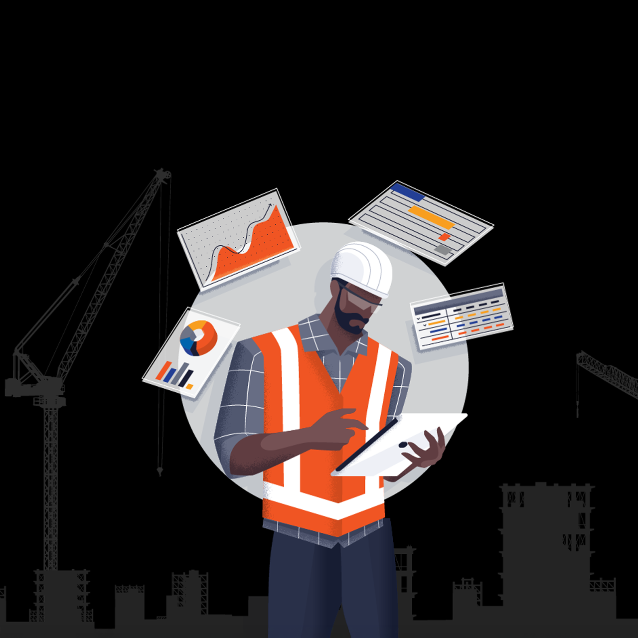 Graphic of a construction worker using an ipad