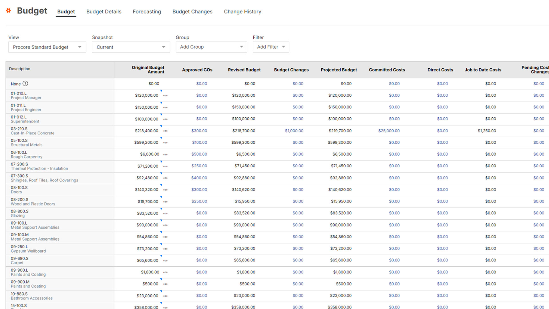 Screen of Procore's Budget tool