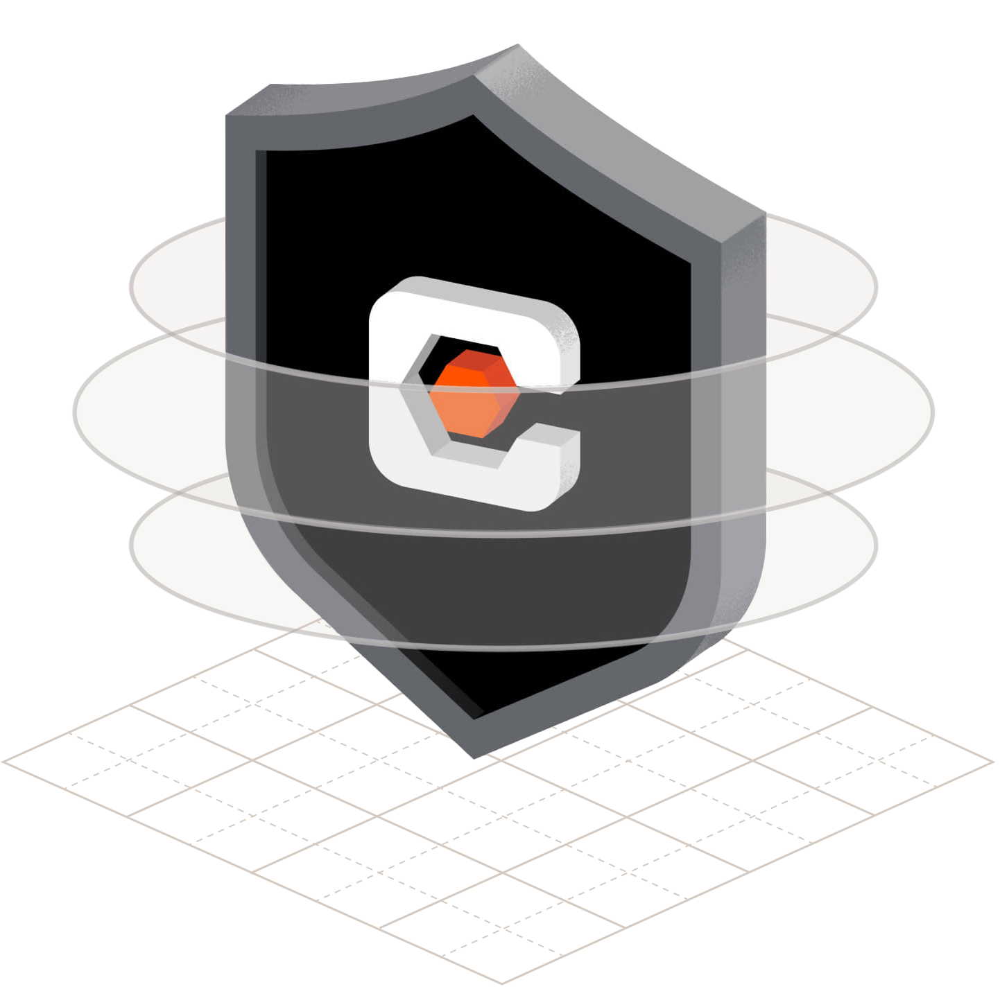 3D shield icon with Procore's logo on a black background, surrounded by transparent rings above a grid pattern