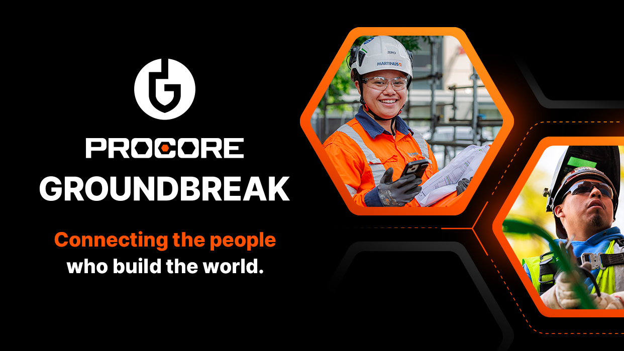 Procore Groundbreak logo next to two tile with images of construction workers