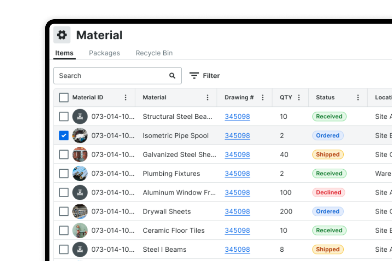 Procore's Materials product screen