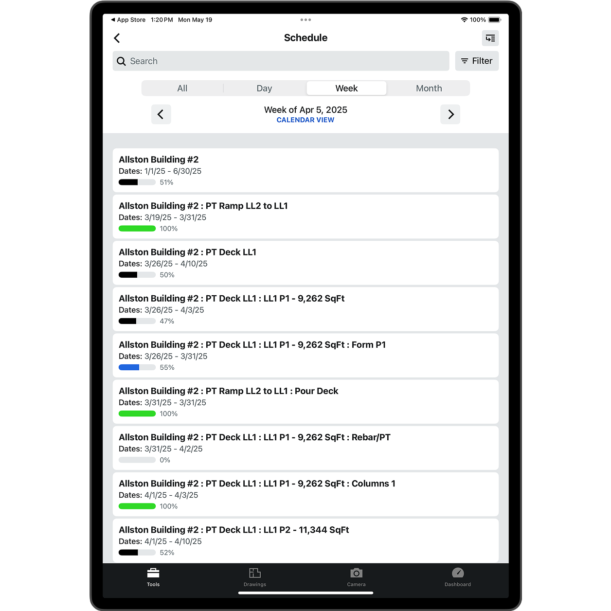 Procore's Schedule tool on a tablet