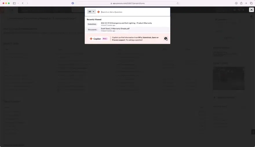Animation of Procore's Copilot product UI