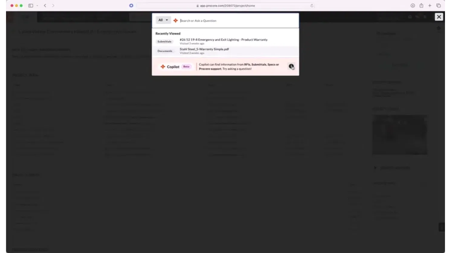 Animation of Procore's Copilot product UI