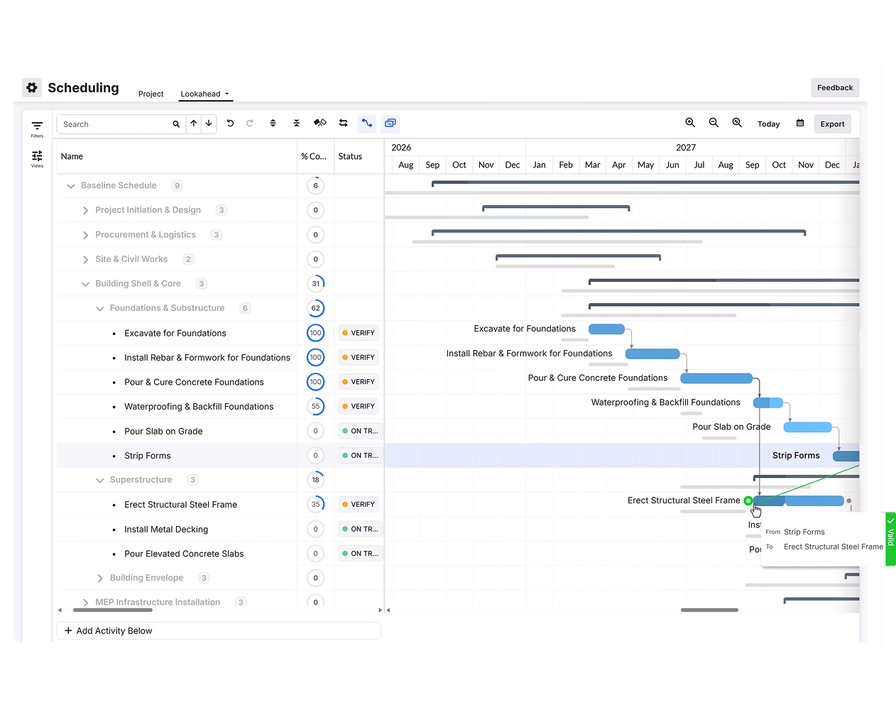 Gantt chart showing construction tasks with colored bars and dependencies.