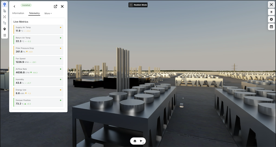 Industrial facility dashboard showing live metrics panel with temperature, pressure, and airflow data overlaid on 3D visualization of equipment and structures.