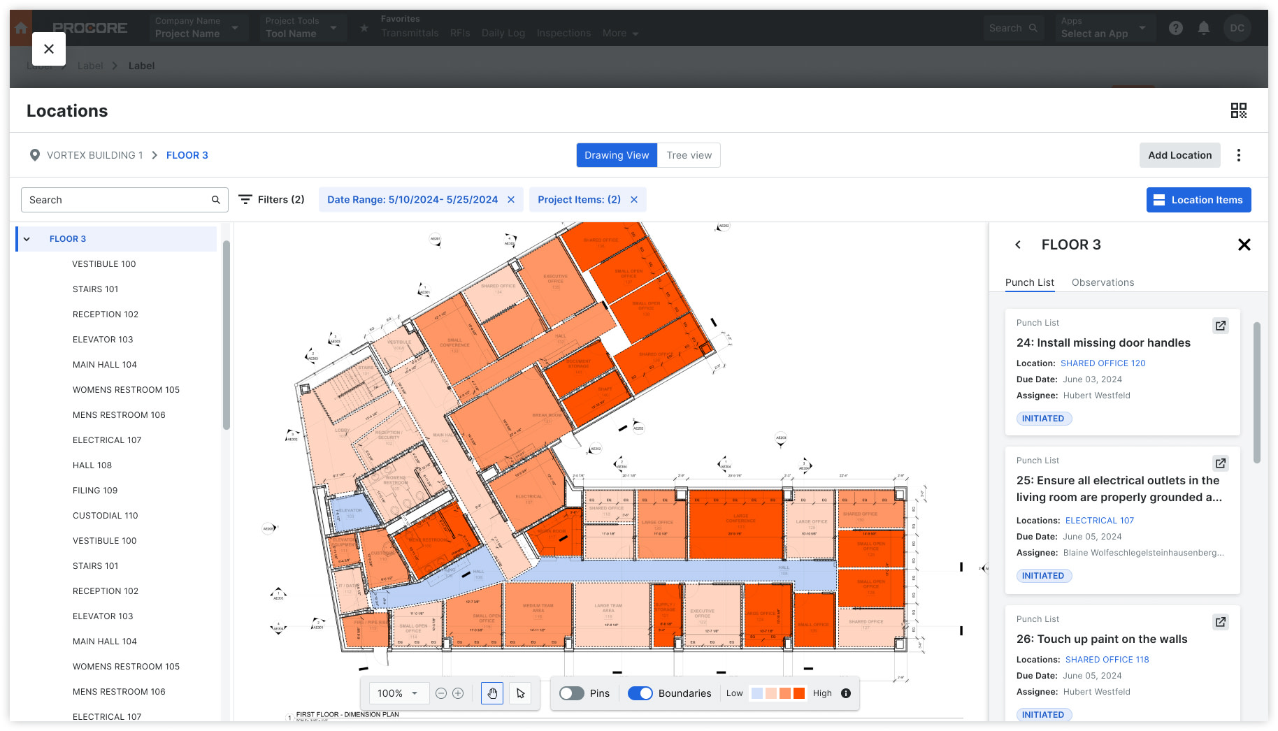 Procore locations' screen