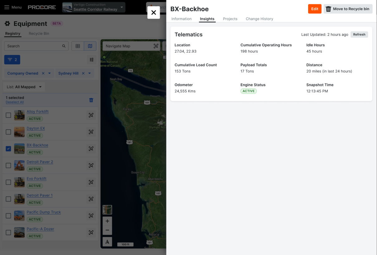 Procore's Equipment product screen