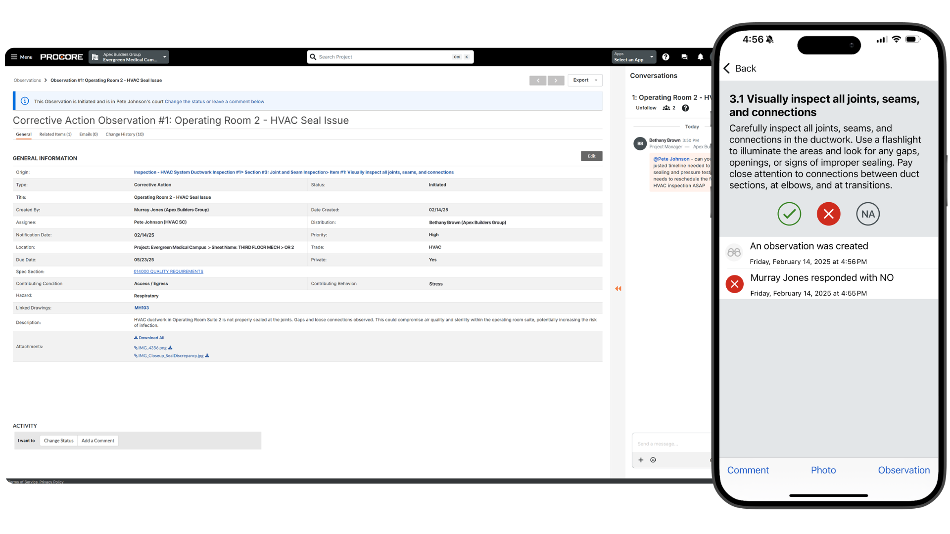 Screenshot of Procore's Observations tool