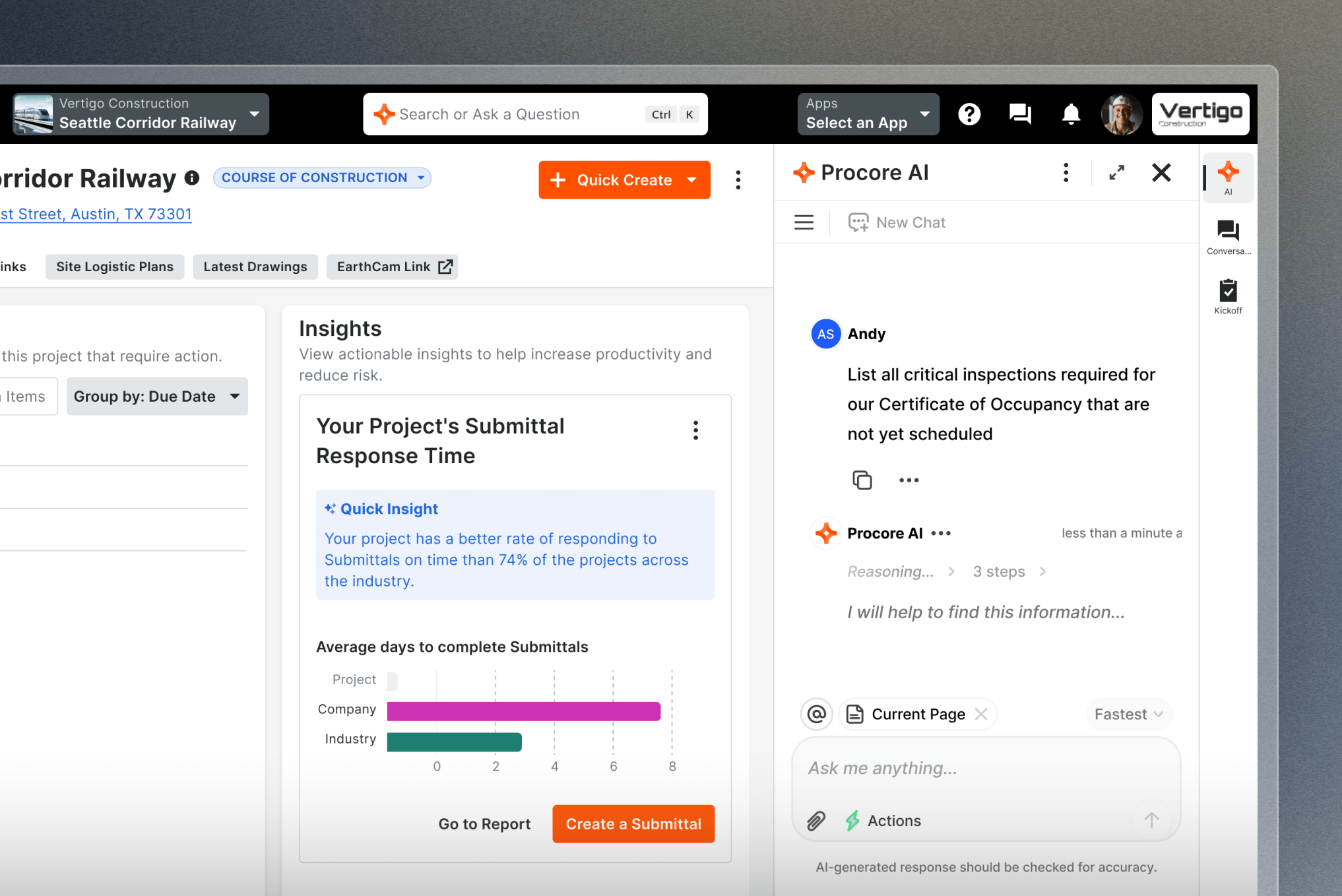 Vertigo Construction project management dashboard showing Seattle Corridor Railway insights and Procore AI chat interface.