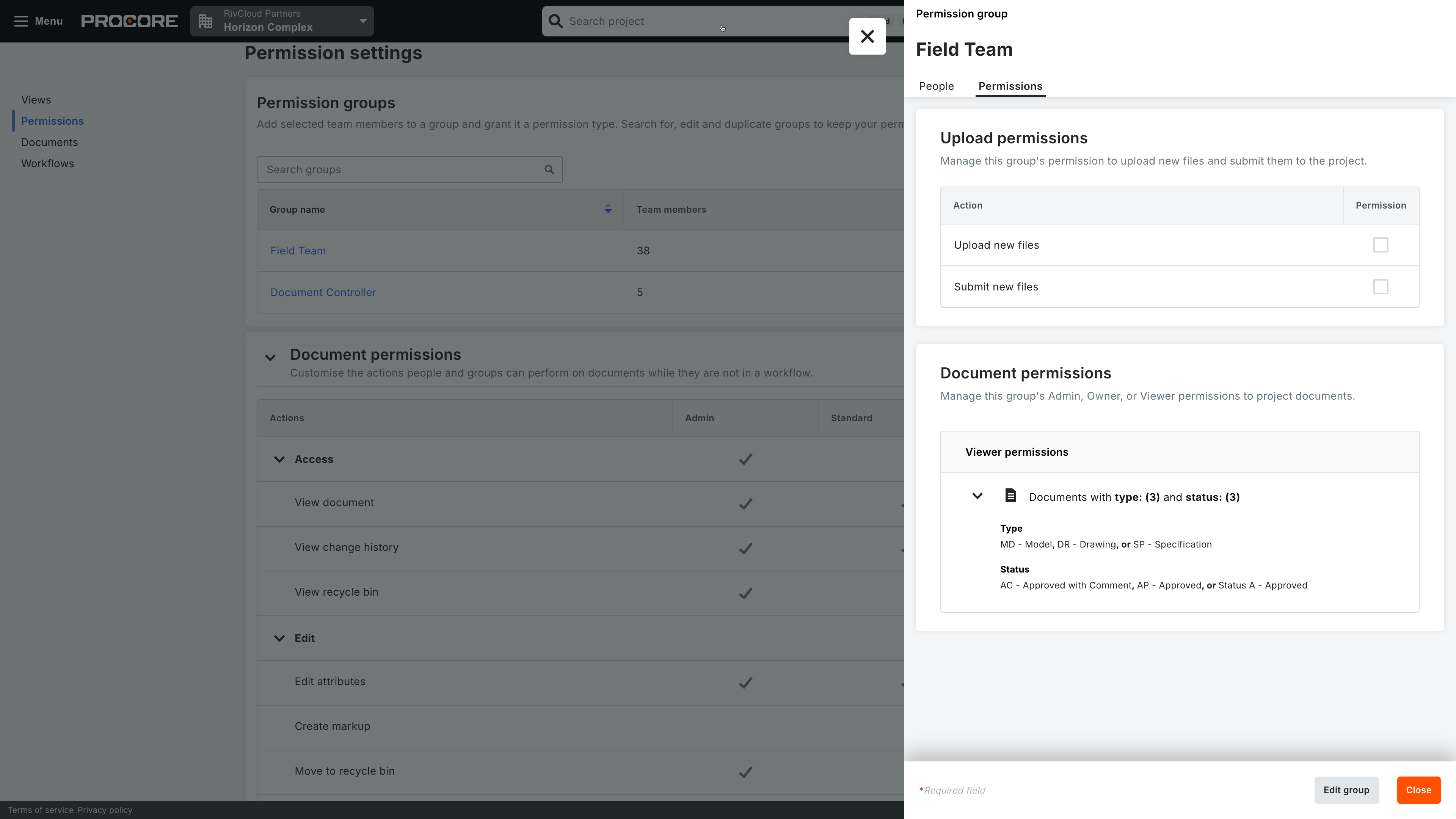 permissions for document upload and accesses on Procore