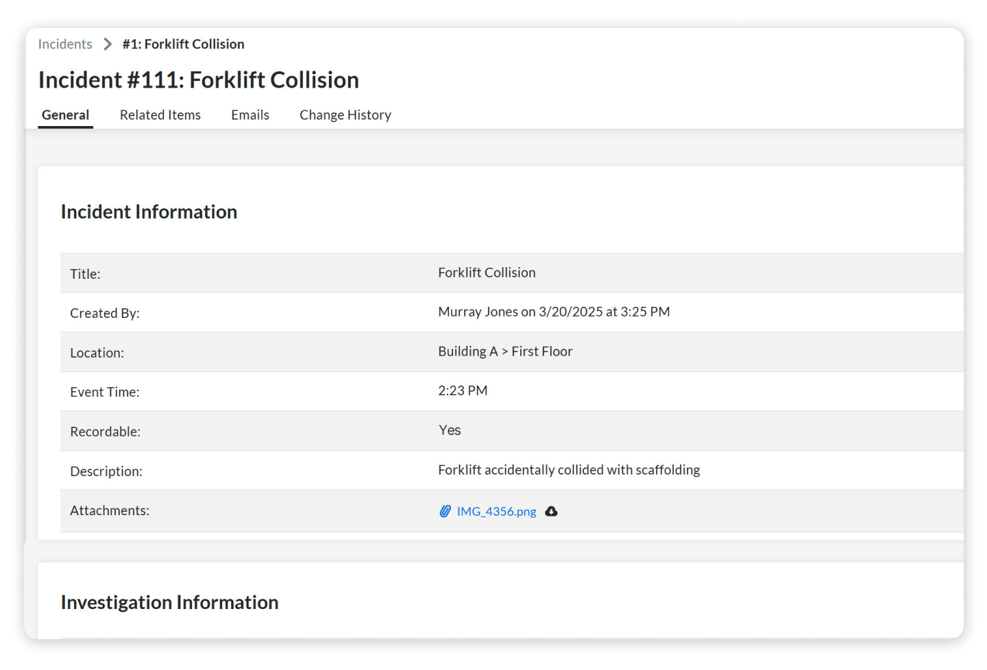 Screen capture of Procore's Incidents