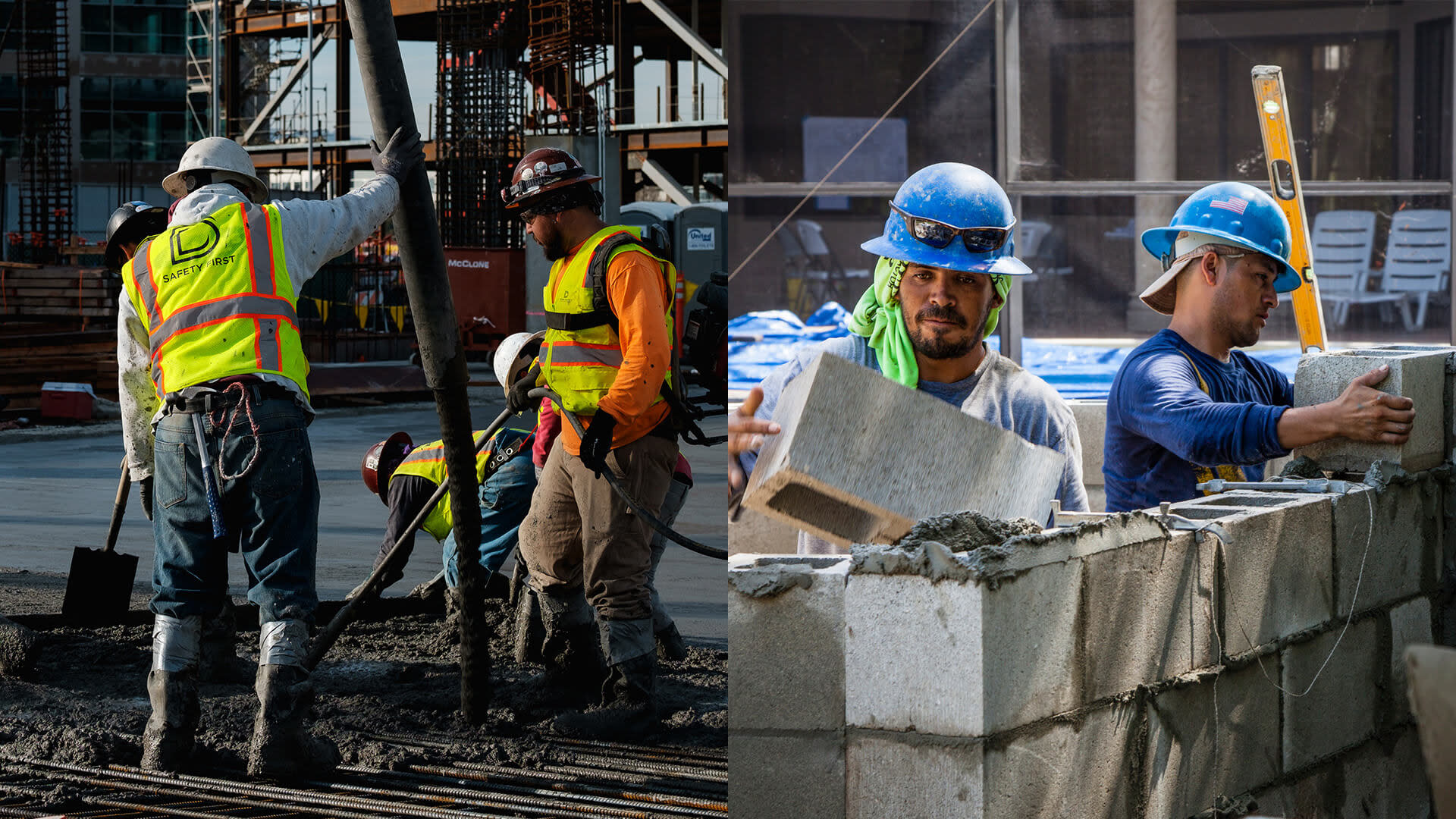 Split image of concrete and masonry workers on job sites