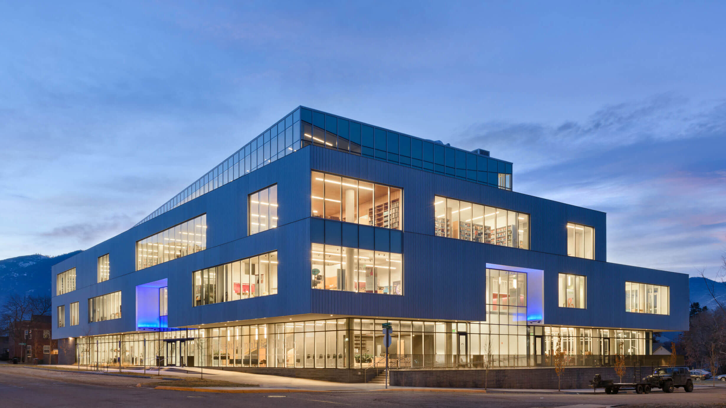 Commercial building at dusk