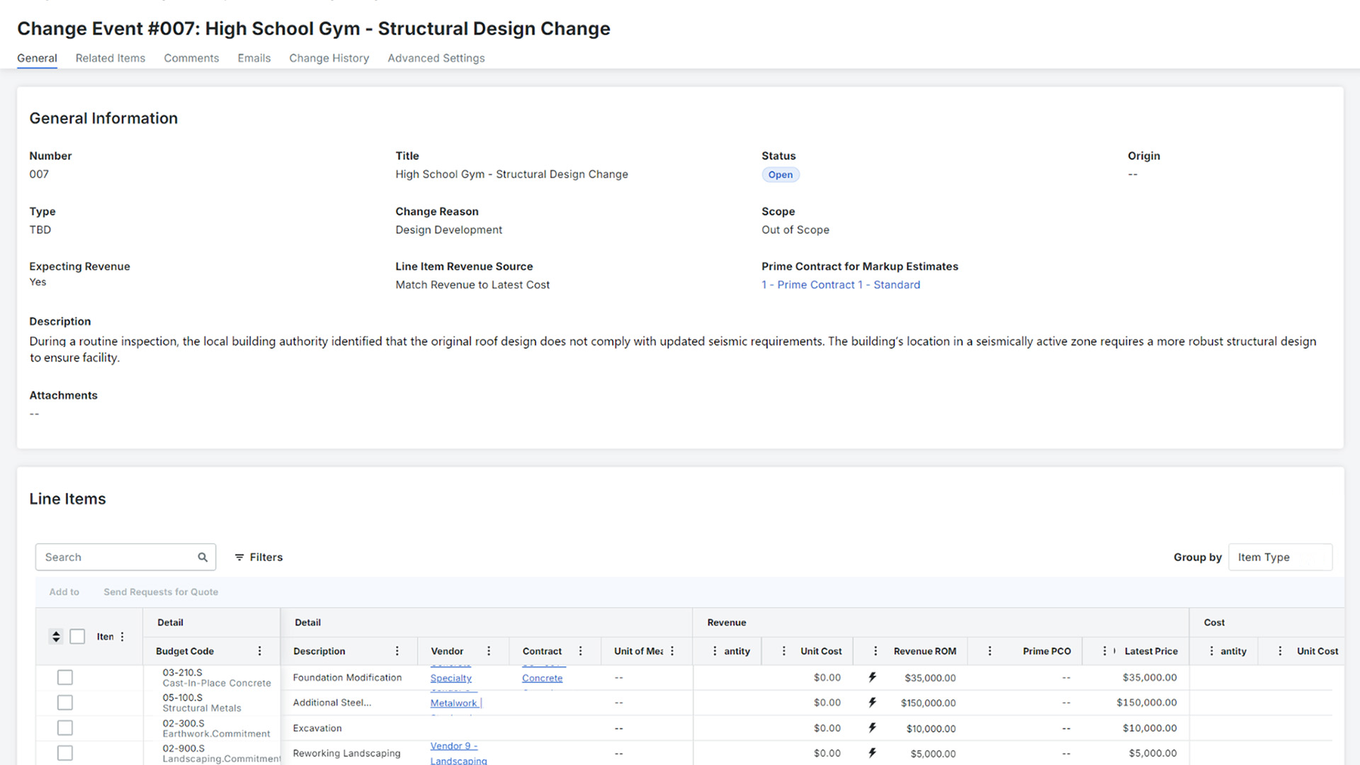 Screen of Procore's Change Event tool