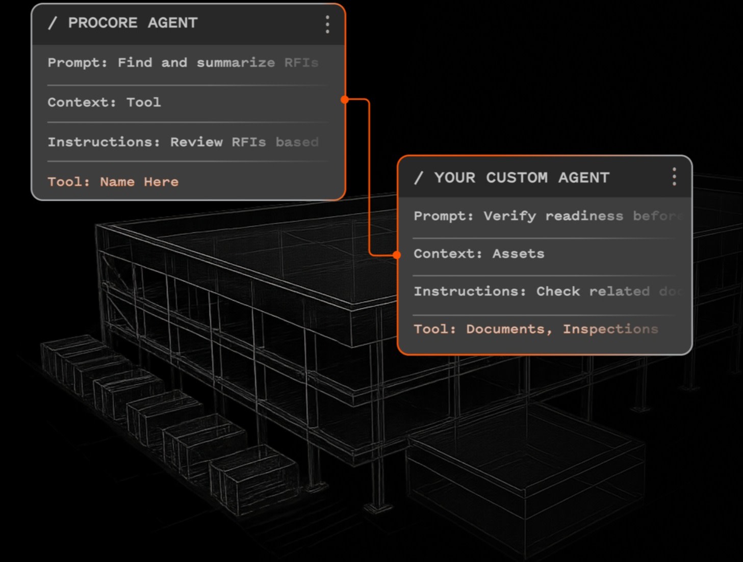 Two connected agent interface boxes over a dark architectural building sketch.
