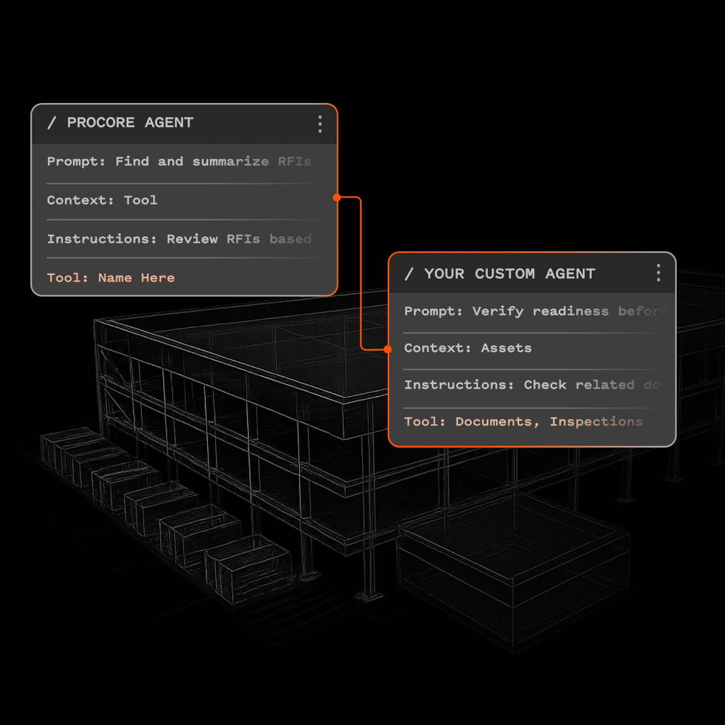 Two connected agent interface boxes over a dark architectural building sketch.