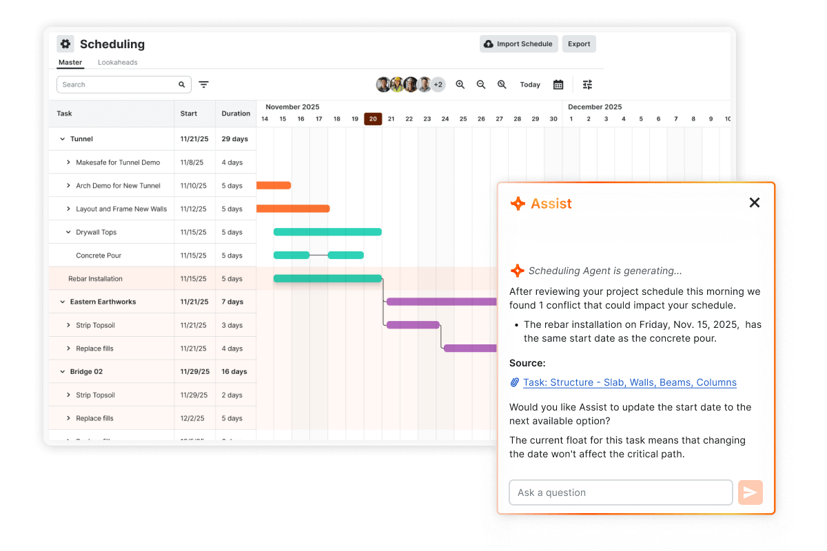 Procore's Scheduling tool UI