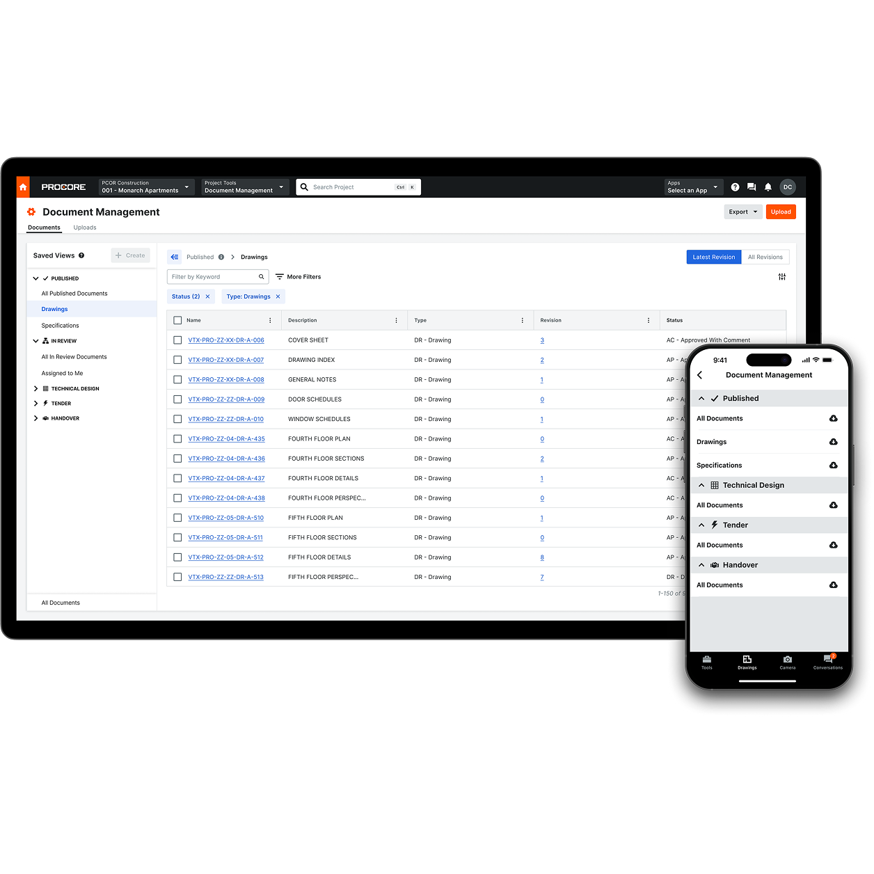 Procore's Documents tool on a desktop and a phone