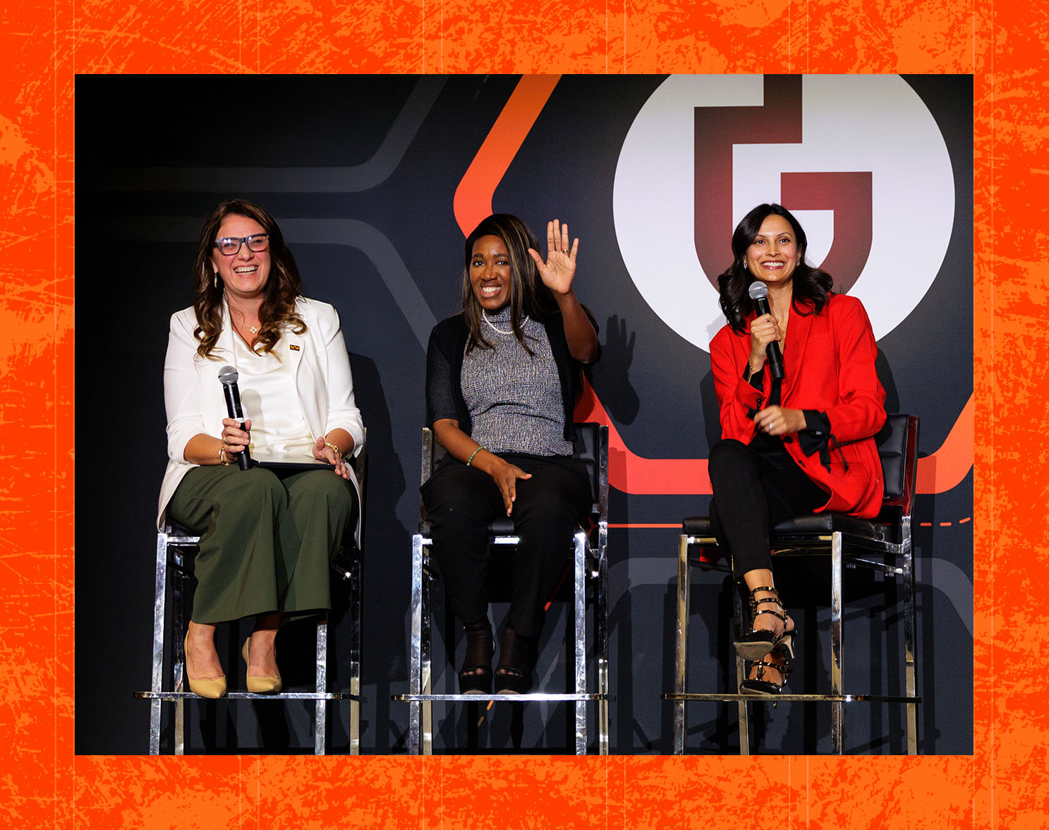 Three women on Groundbreak's stage