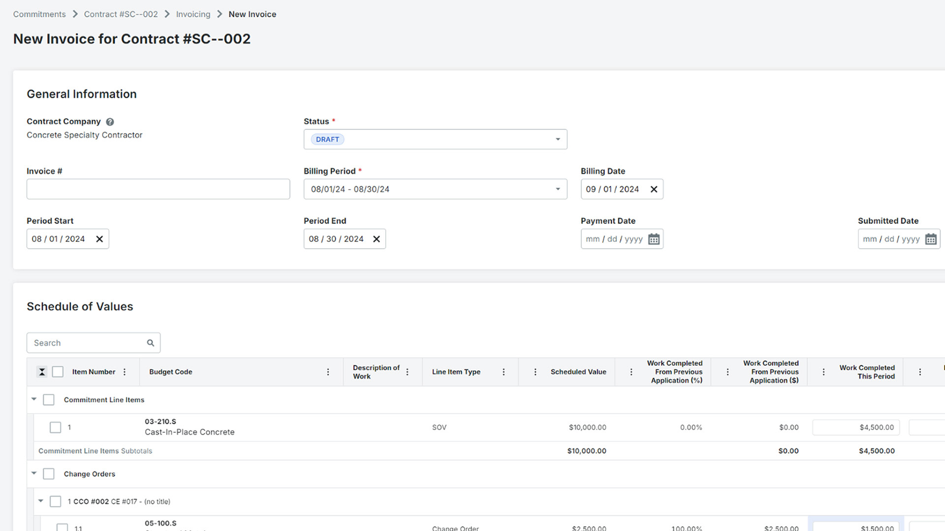 Screen of Procore's Invoicing tool