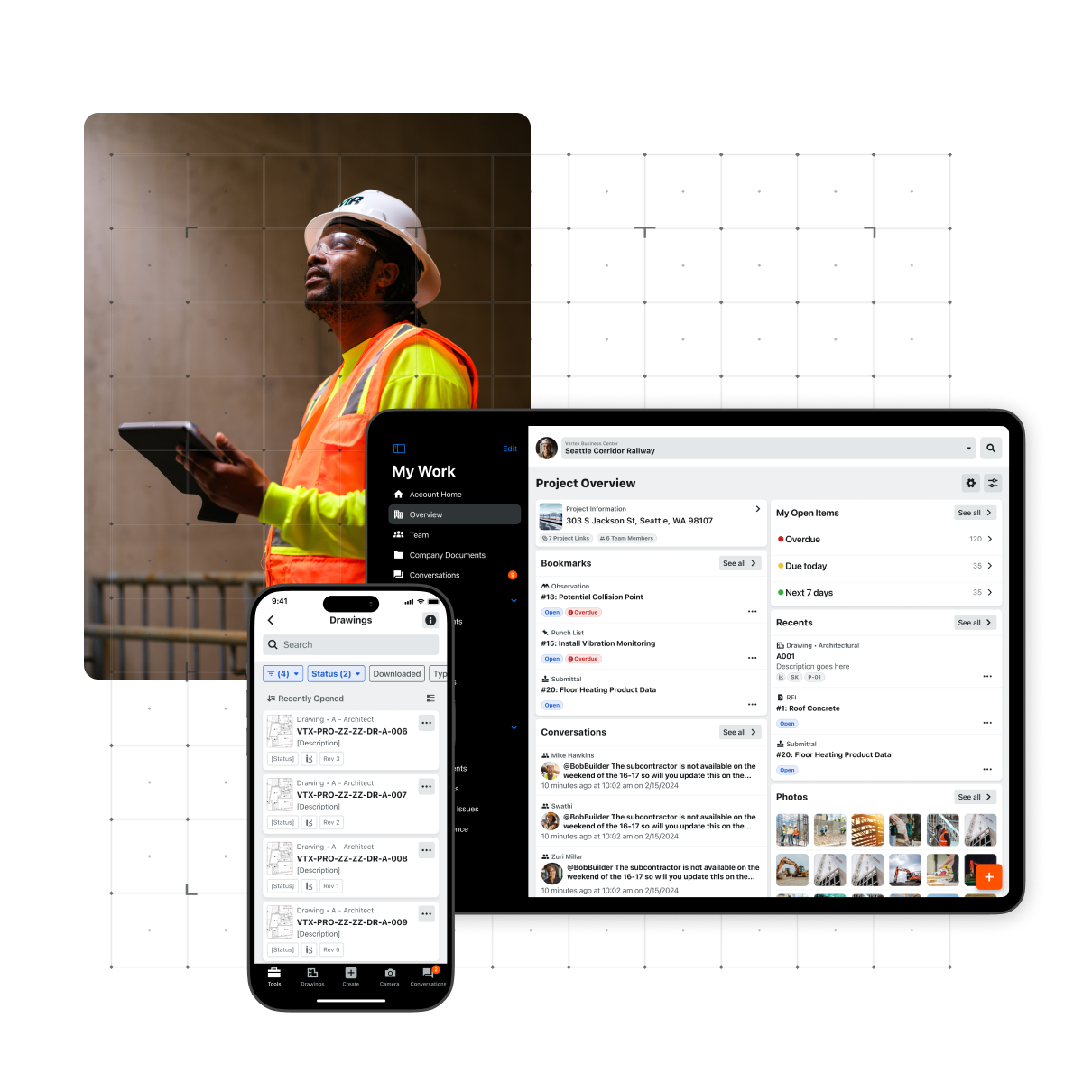 Images of Procore on a tablet and a phone