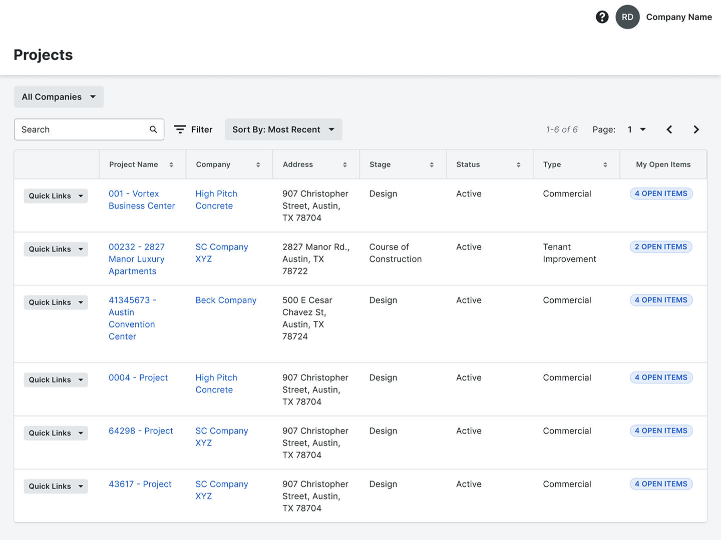 Procore Projects screen