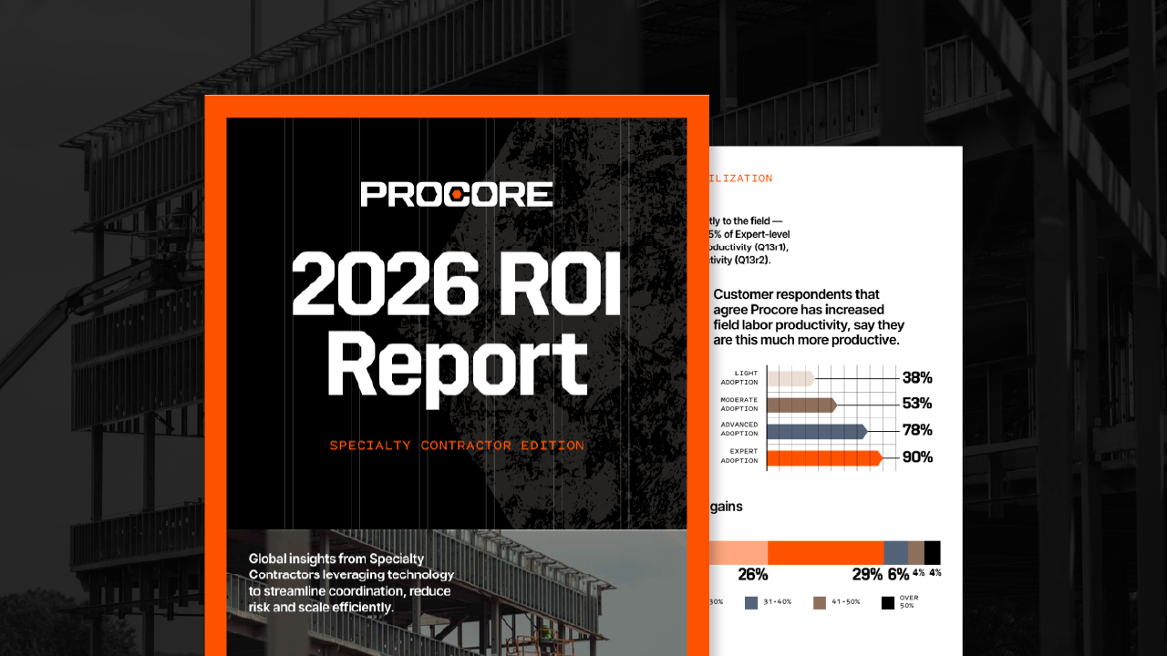 Cover of Procore 2026 ROI Report with productivity bar chart and construction background.