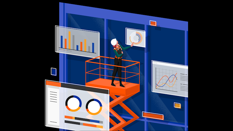 Graphic of a construction worker standing on scaffolding looking at pie charts