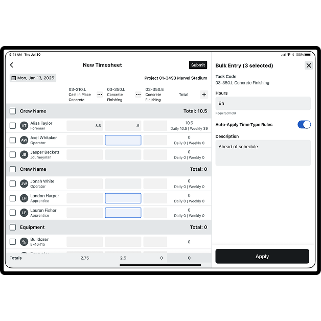 Procore's Crews tool UI on a tablet