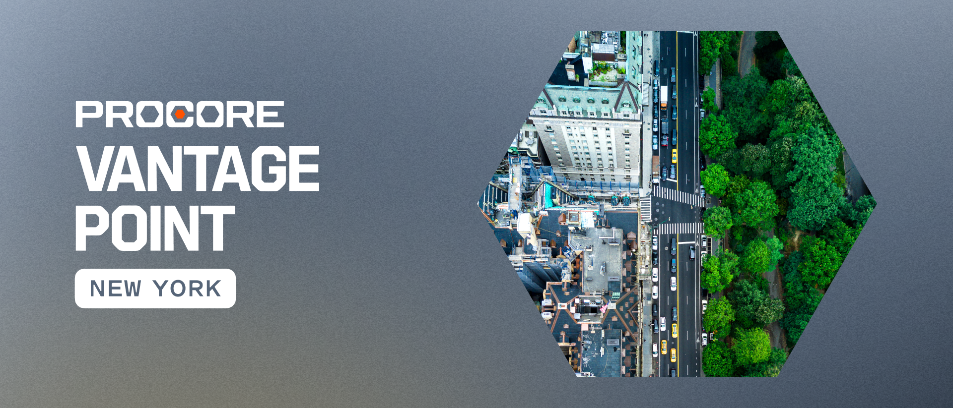 Aerial view of New York City street with buildings and green trees, Procore Vantage Point logo