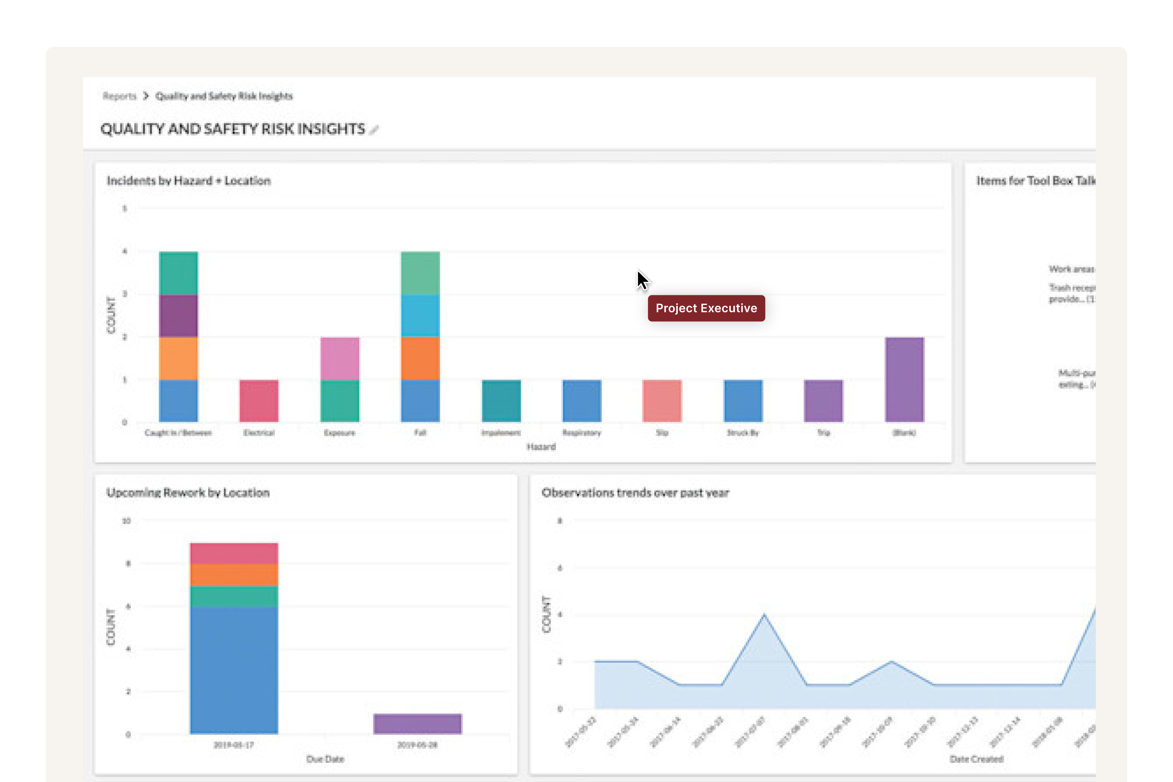 UI screenshot of the Procore Quality and Safety reporting insights screen