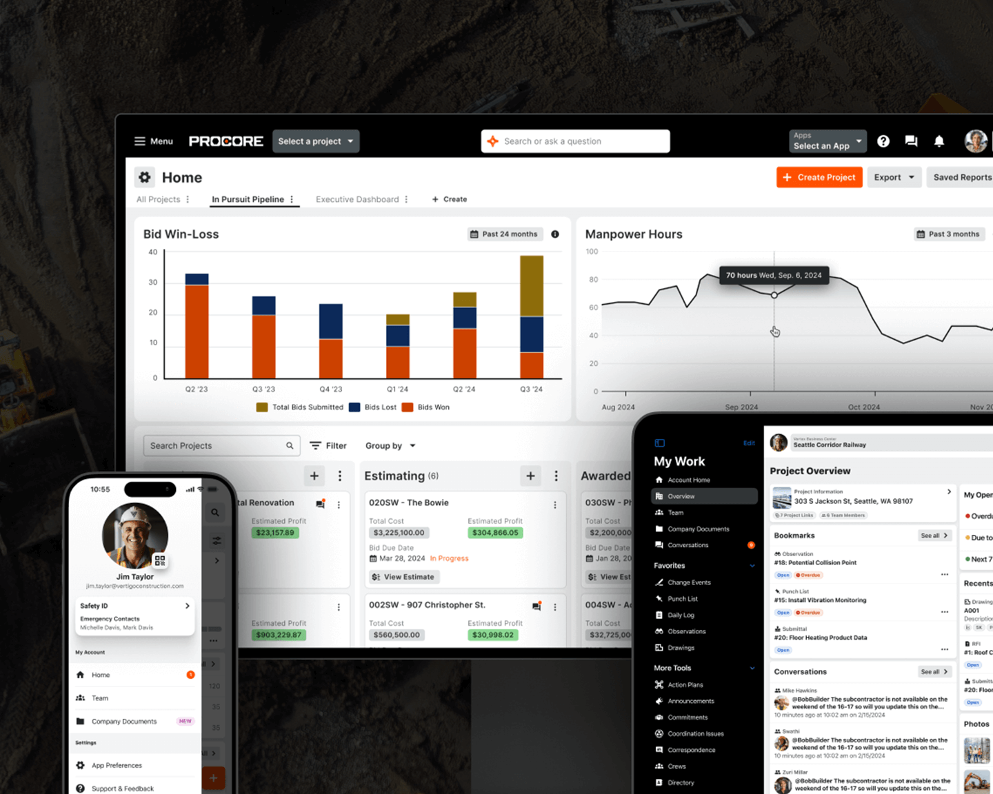 A desktop, laptop and a phone showing the Procore Platform