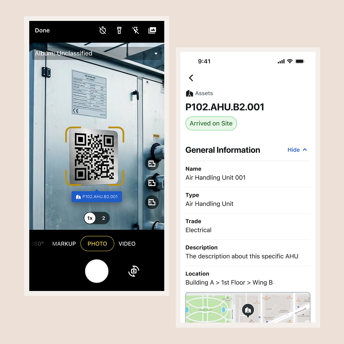 Mobile app screen showing QR code scan of air handling unit with asset details displayed on right panel.