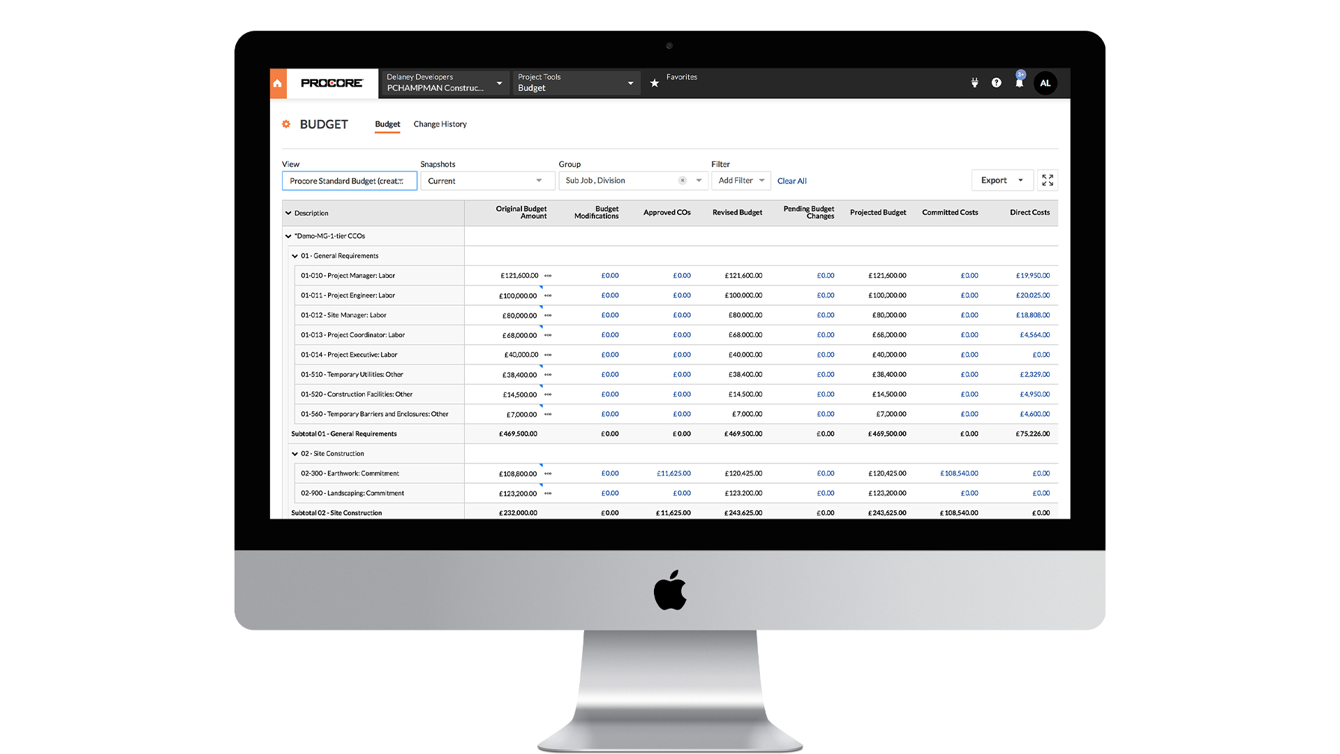 Procore's budget tool on a mac monitor