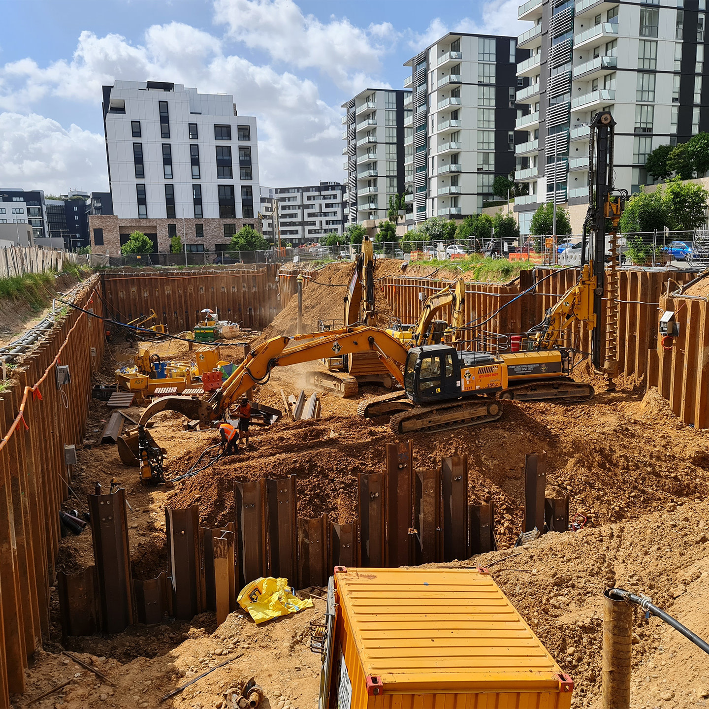 Construction site with excavators and other construction equipment