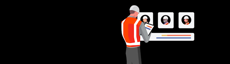 Illustration of a construction worker using a tablet to review analytics