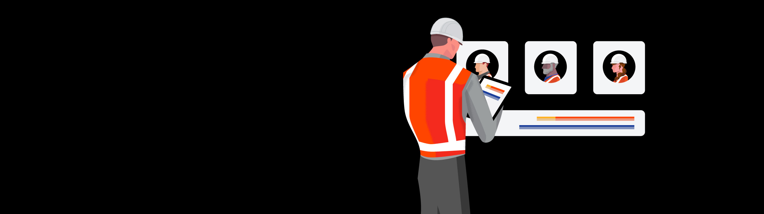 Illustration of a construction worker using a tablet to review analytics