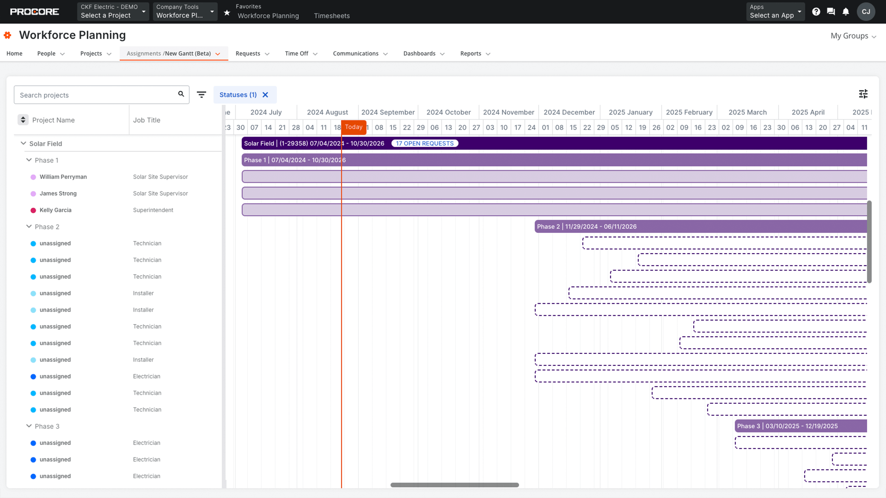 Screen capture of Procore's Workfore Planning tool